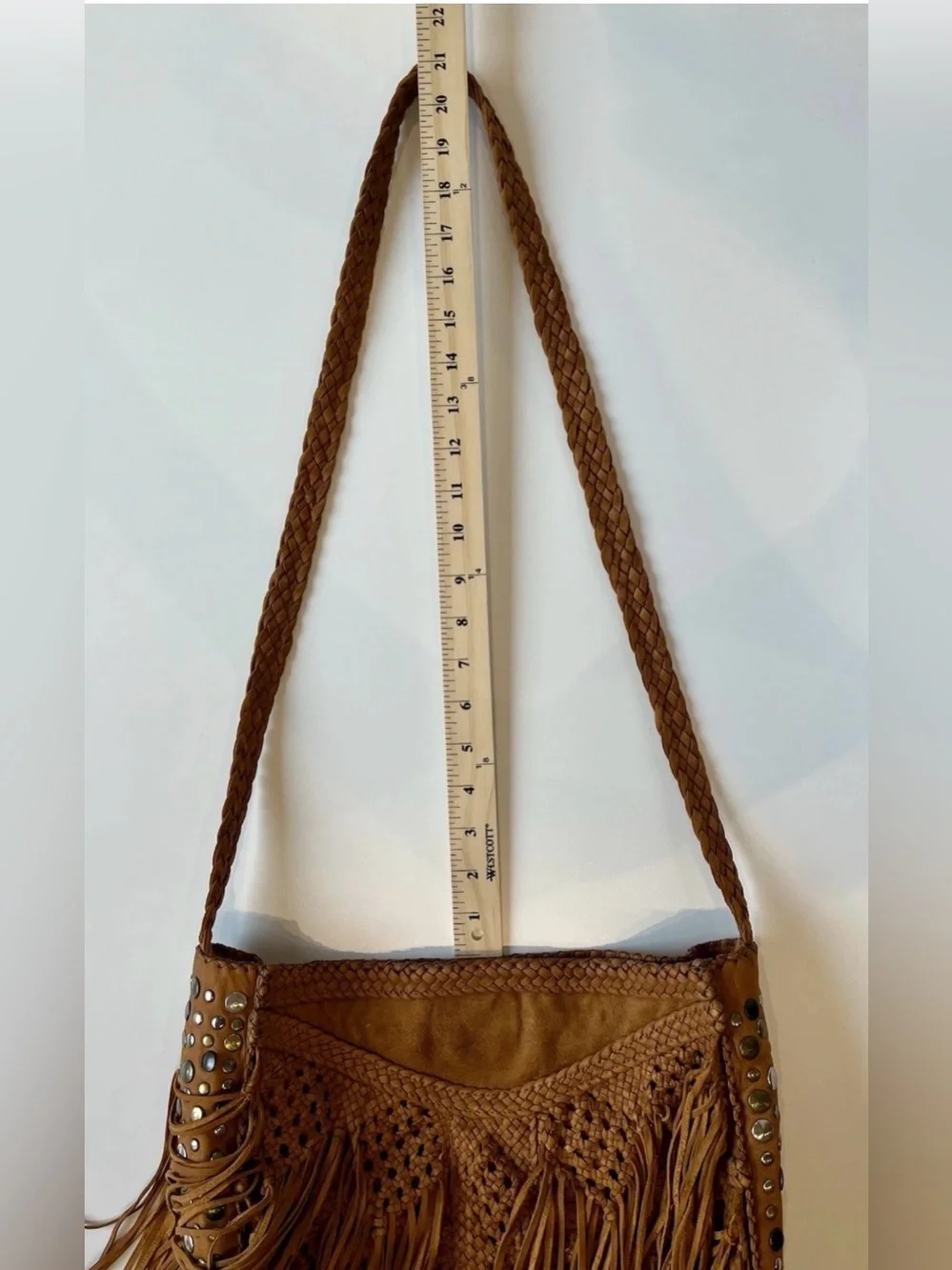 En Shalla Cognac Leather Braided Fringe Studded Shoulder Bag Boho